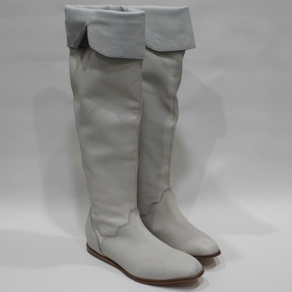 Vintage Foundry Co‎ Women's Light Gray Leather Tall Fold Over Boots  8.5 VFL285